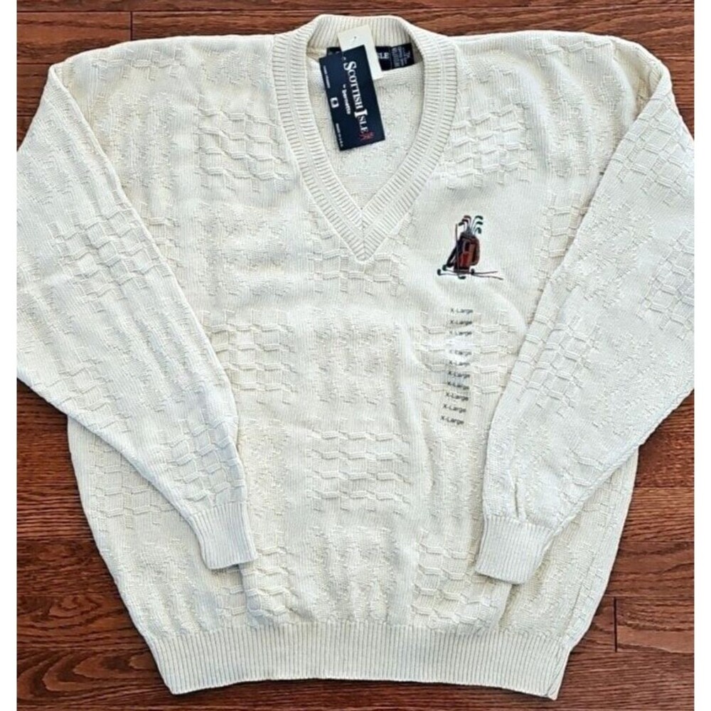 Vintage Mens V-Neck Textured Knit Embroidered Golf Sweater 90s Sporty Preppy